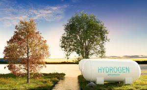 hydrogen power storage nearly river in sunset scene, 3d